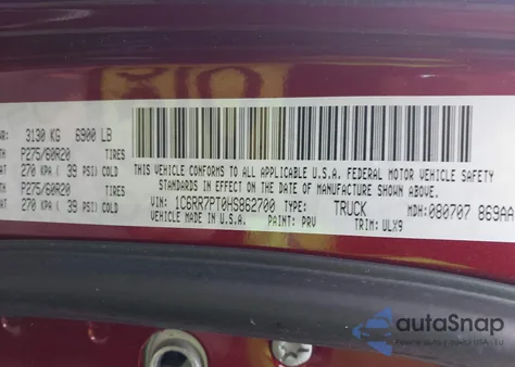 2017 Ram 1500 Limited 4X4 5'7 Box z USA, uszkodzony, nr VIN 1C6RR7PT0HS862700